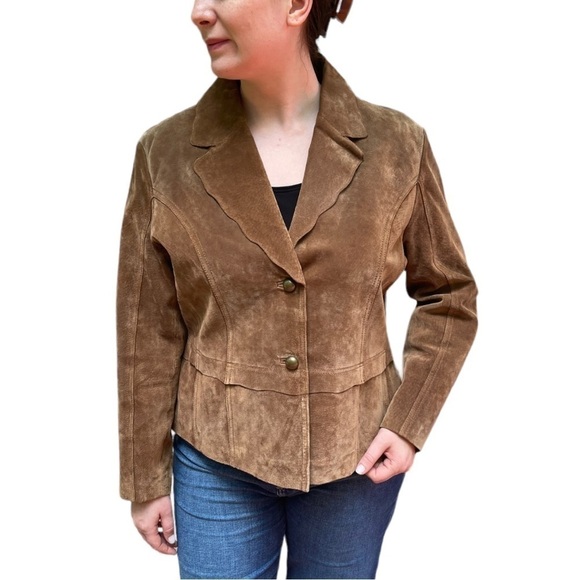 VINTAGE SUEDE LEATHER BROWN TWO BUTTON SCALLOP BLAZER JACKET COLDWATER CREEK - Picture 3 of 13